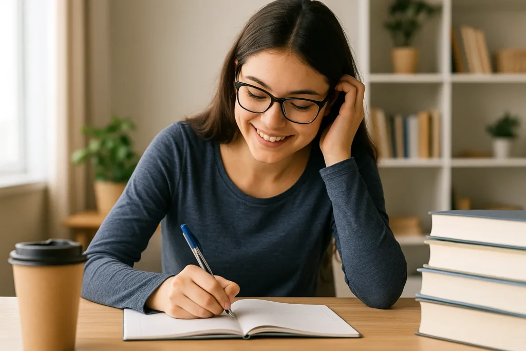 Schülerin sitzt motiviert am Schreibtisch und schreibt in ihr Notizbuch beim Lernen