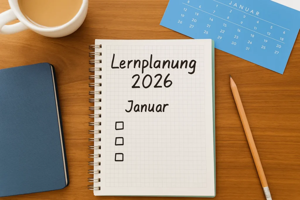 Notizbuch mit Aufschrift Lernplanung 2026 auf Schreibtisch mit Kalender und Bleistift