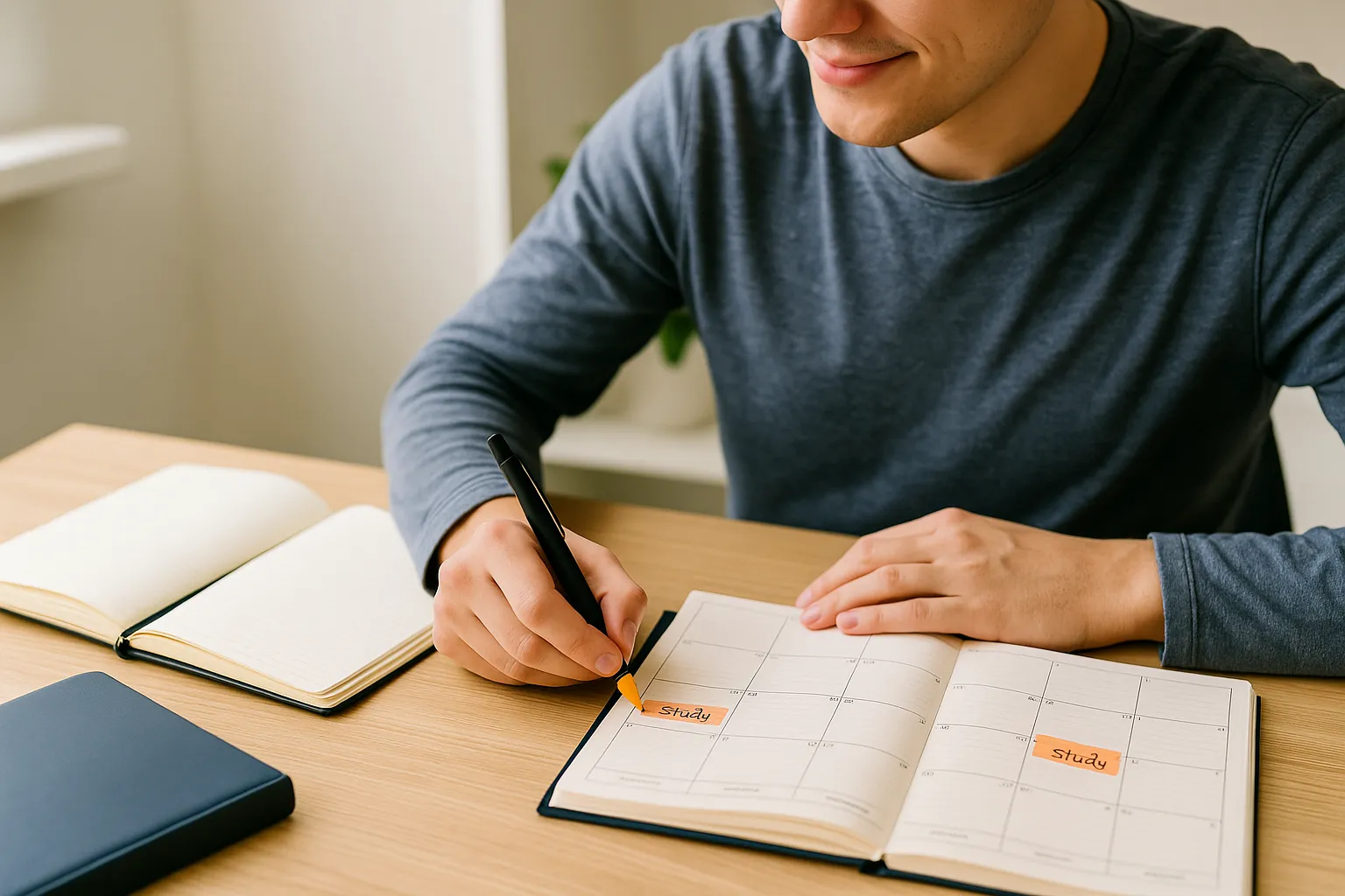 Person sitzt motiviert am Schreibtisch und schreibt in ein offenes Notizbuch mit Planer und Stift